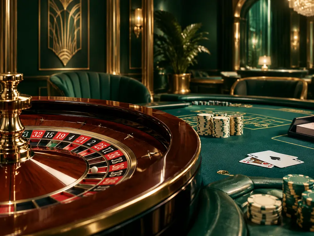 Ruang kasino dengan meja roulette dan kartu dalam warna hijau giok