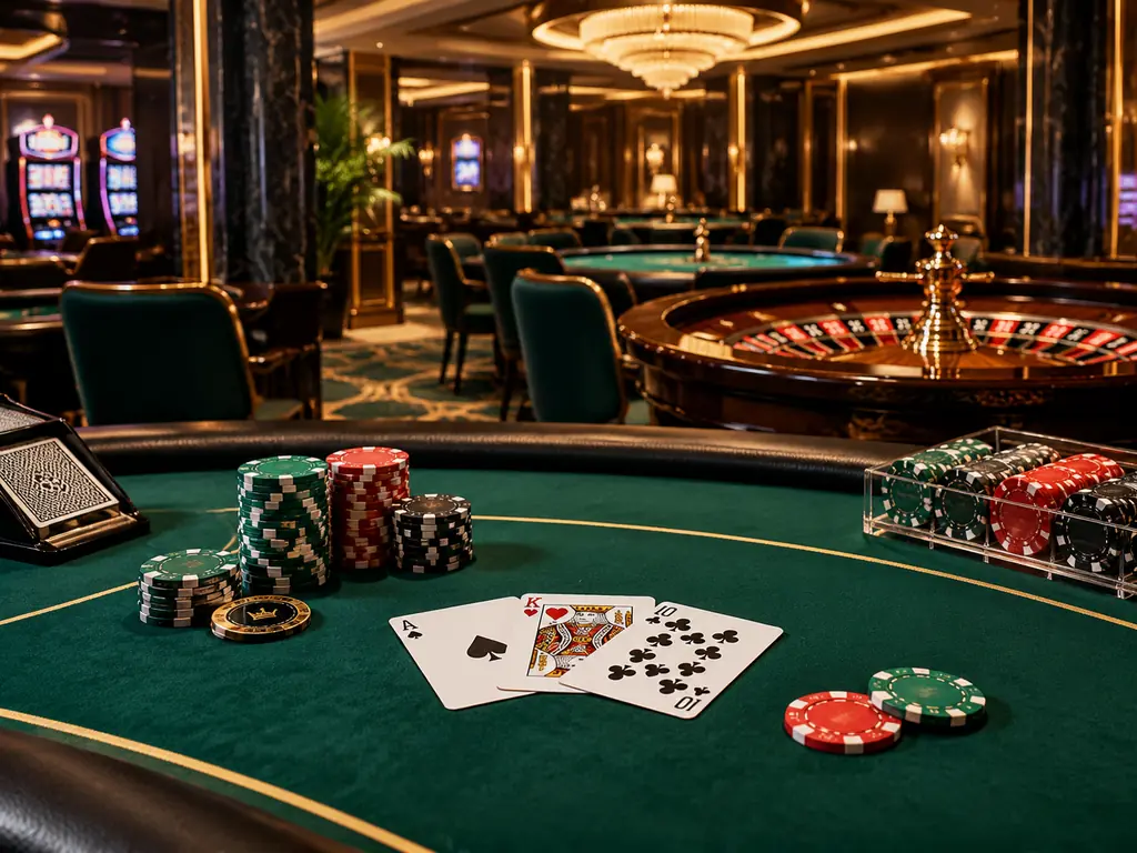 Ruang meja kartu dan roulette dengan kursi kosong