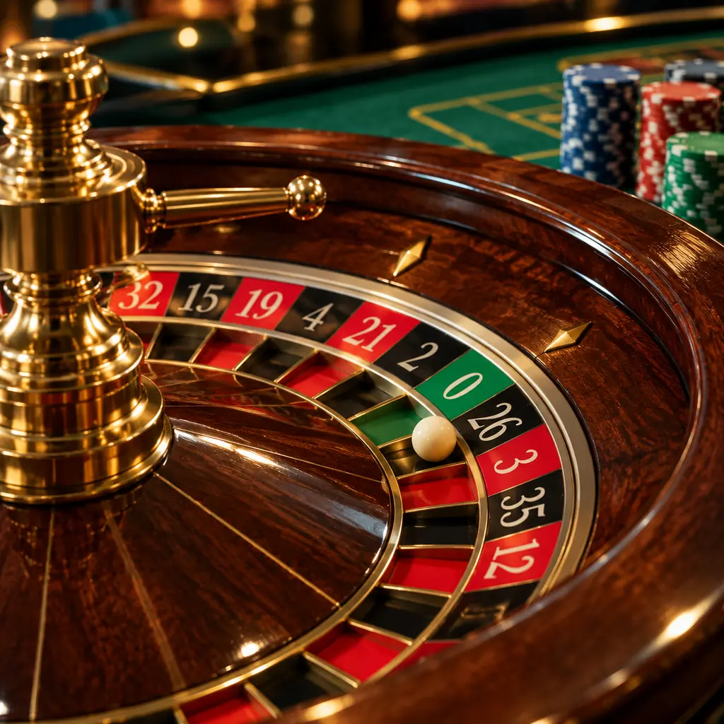 Roda roulette dan bola putih di meja hijau